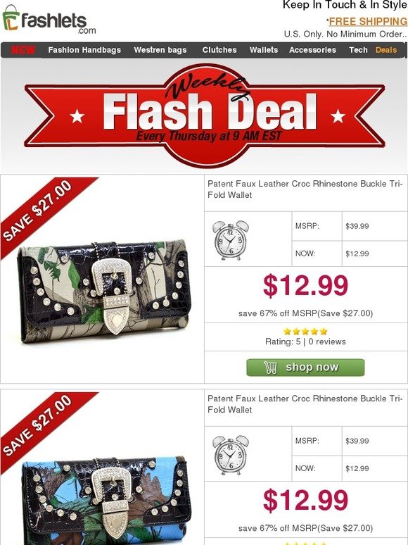 Fashlets Flash Deal - Chic Camo Rhinestone Buckle Wallet with Patent Croco Trim Only $12.99