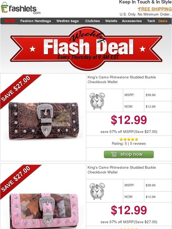 Fashlets Flash Deal - King's Camo Rhinestone Studded Buckle Checkbook Wallet Only $12.99