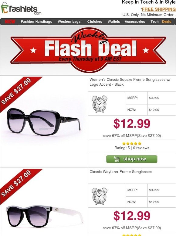 Fashlets Flash Deal - Women's Classic Frame Sunglasses Only $12.99