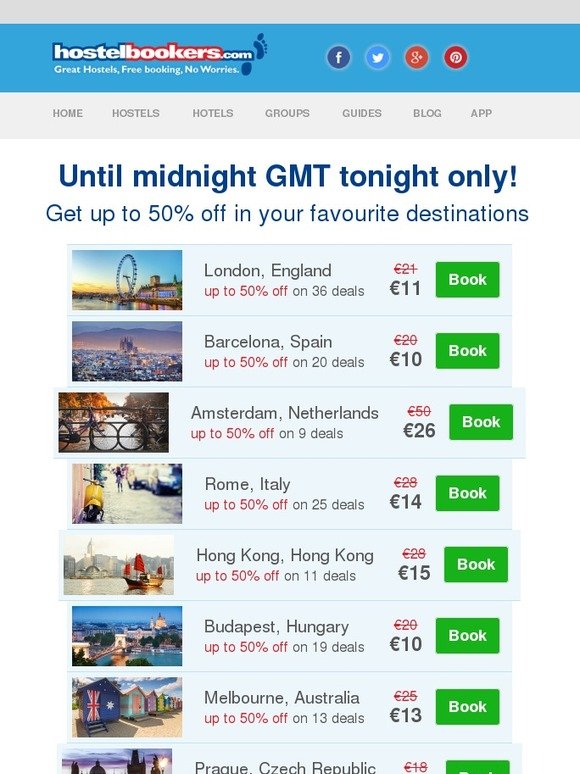 Up to 50% off hostels. Thursday only!
