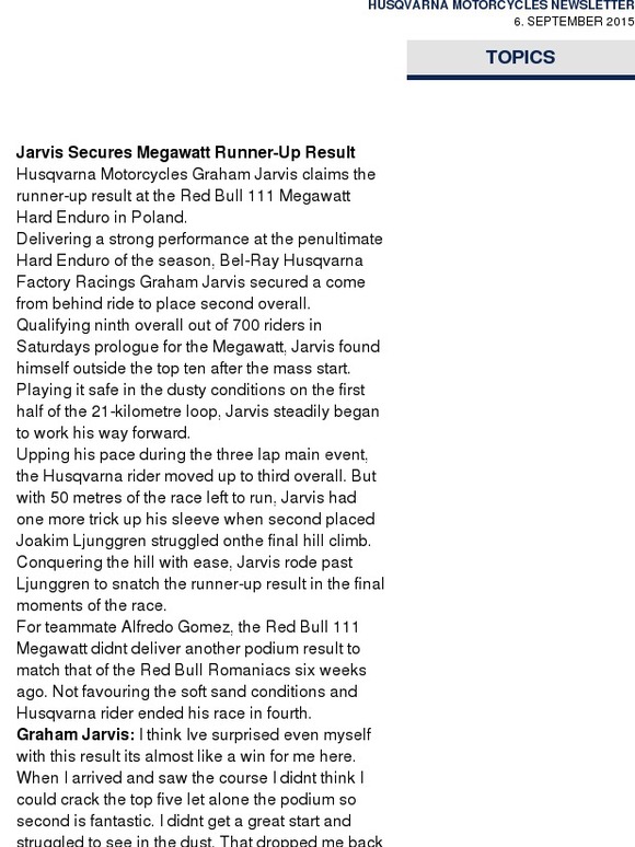 Husqvarna Motorsport News – Jarvis Secures Megawatt Podium