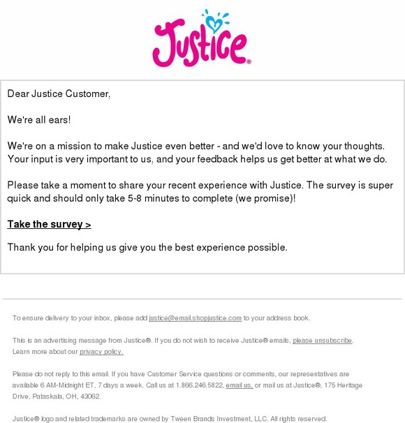 justice customer service email