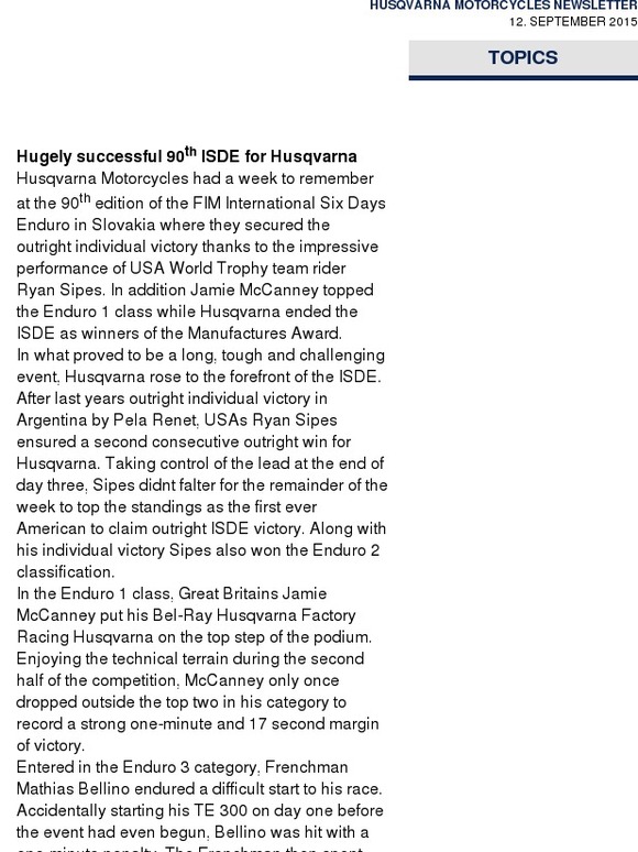 Husqvarna Motorsport News – Sipes & Husqvarna claim outright individual ISDE win