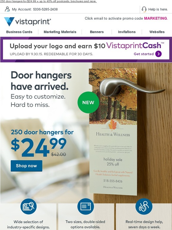 Vistaprint NEW ⇨ Door hangers 250 for just 24.99. Milled