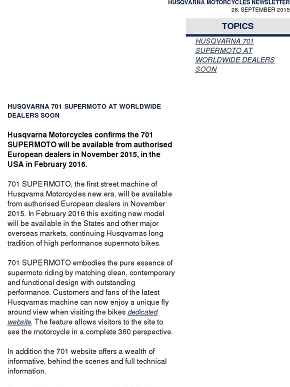 Husqvarna News: 701 SUPERMOTO at worldwide dealers soon