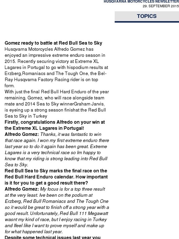 Husqvarna Motorsport News: Alfredo Gomez Interview – Red Bull Sea to Sky Preview