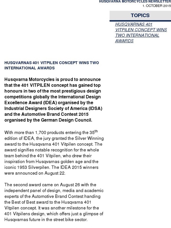 Husqvarna News: Husqvarna 401 Vitpilen design earns international recognition