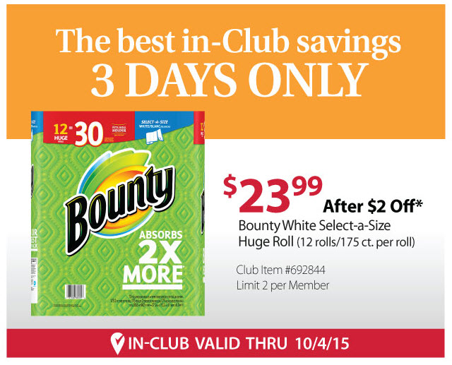 BJs Wholesale Club Save 2 on Bounty paper towels 3 days only! Milled