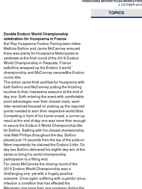Husqvarna Racing News – EWC Rnd 6, Bellino & McCanney crowned world champions