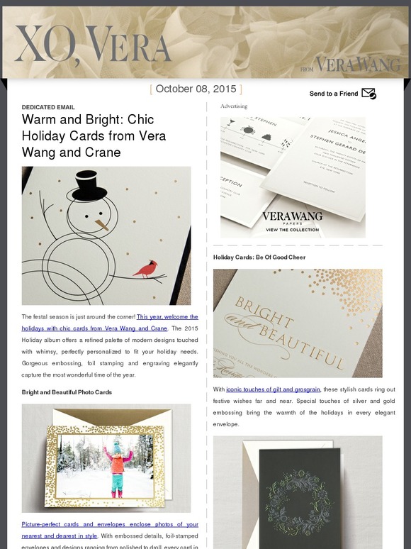 Warm and Bright: Chic Holiday Cards from Vera Wang and Crane -- Dedicated Email