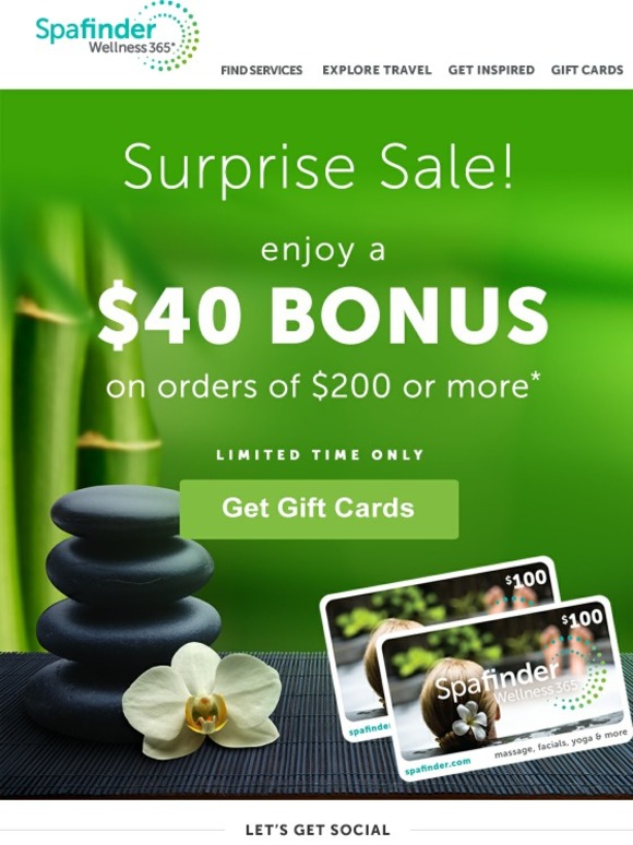SpaFinder Surprise Sale! 40 Bonus Gift Card Milled