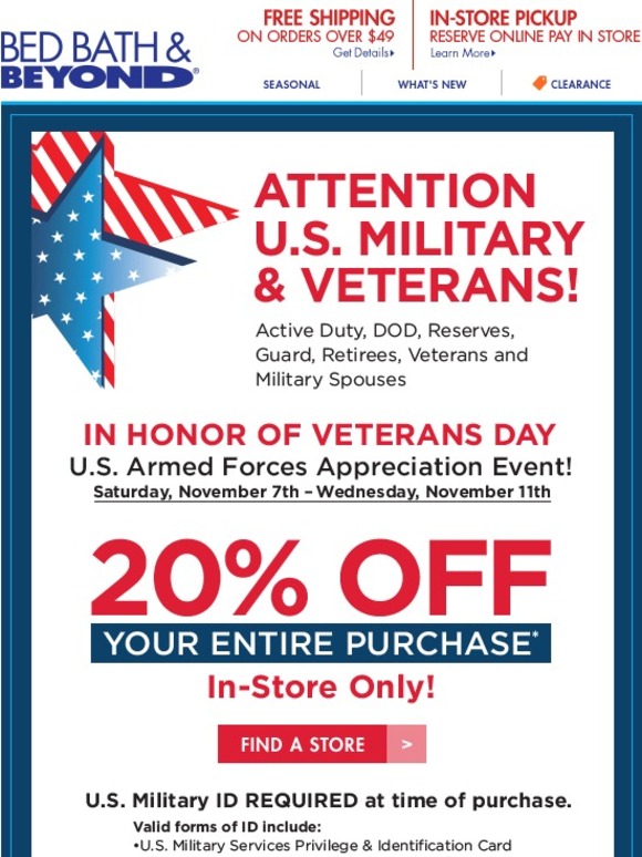 Bed Bath & Beyond U.S. Military & Veterans 20 off ENTIRE Purchase In