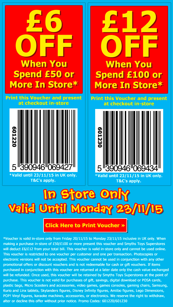Smyths Toys HQ FREE £12 In Store Money Off Voucher Milled
