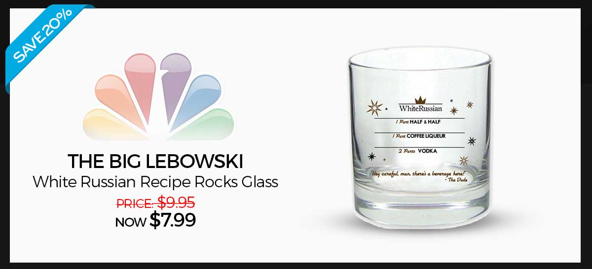 Save 20%! The Big Lebowski White Russian Recipe Rocks Glass: Was $9.95 Now $7.99