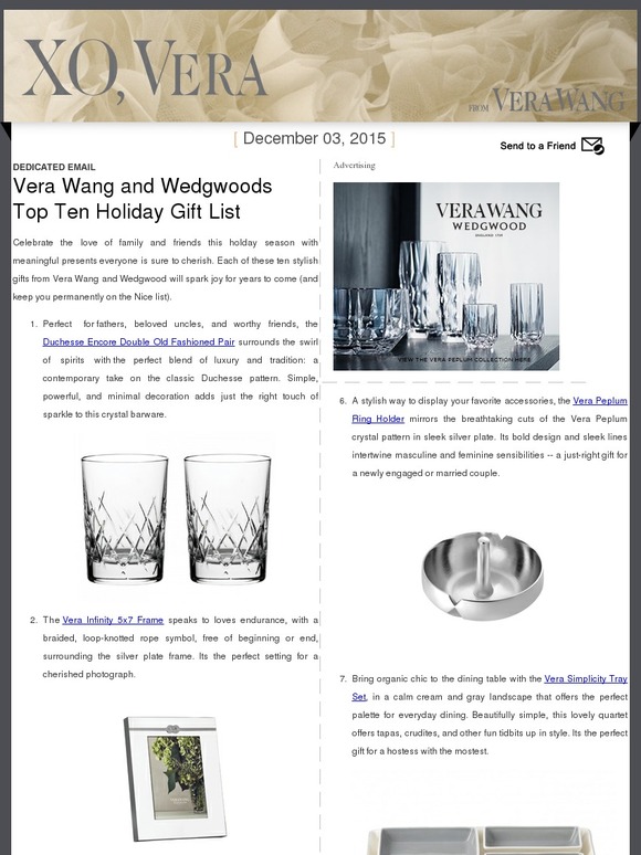 Vera Wang and Wedgwood’s Top Ten Holiday Gift List -- Dedicated Email