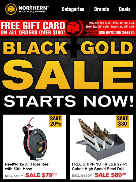 Northern Tool Black And Gold Sale + Special Free Gift Card Offer! Milled
