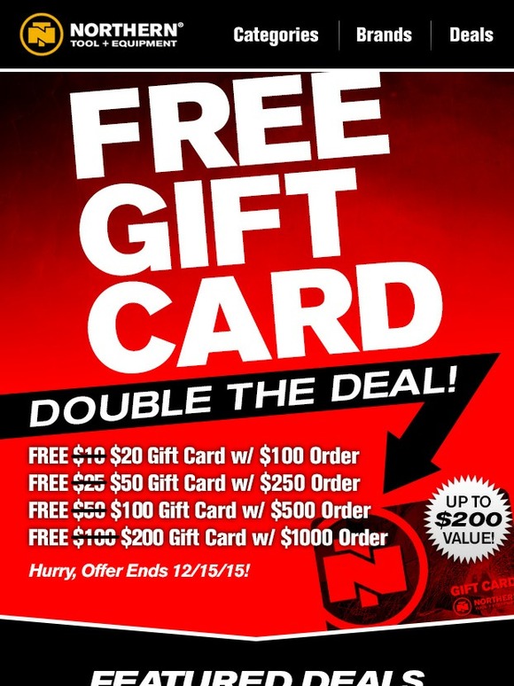 Northern Tool Holiday Special Free Gift Card Up To 200 Value! Milled