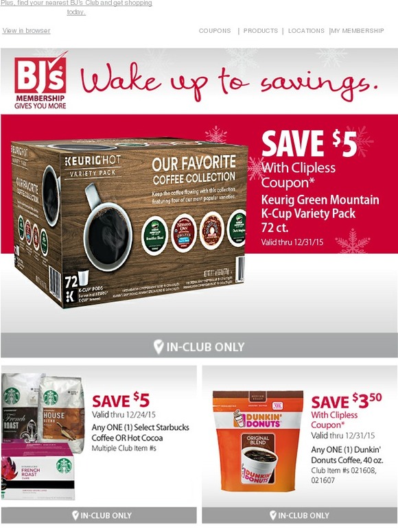 BJs Wholesale Club 5 clipless coupon wake up to a cup of savings