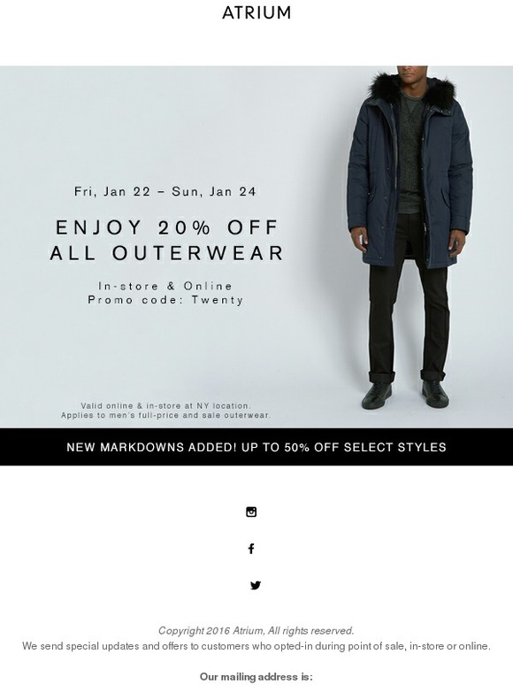 Enjoy 20% off all outerwear!
