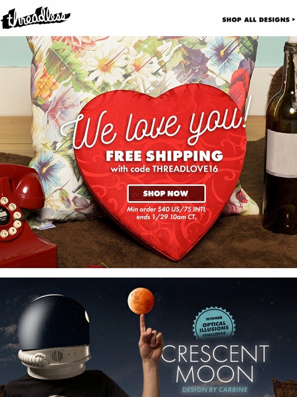 Threadless: Free Shipping! (Because love.) | Milled