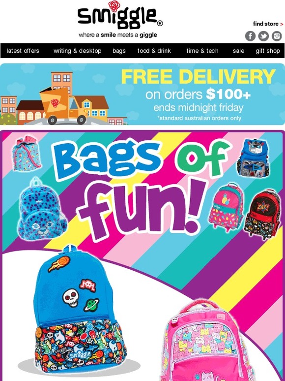 Smiggle bags of fun! plus free delivery on orders 100+ Milled Smiggle bags of fun! plus free delivery on orders 100+ Milled