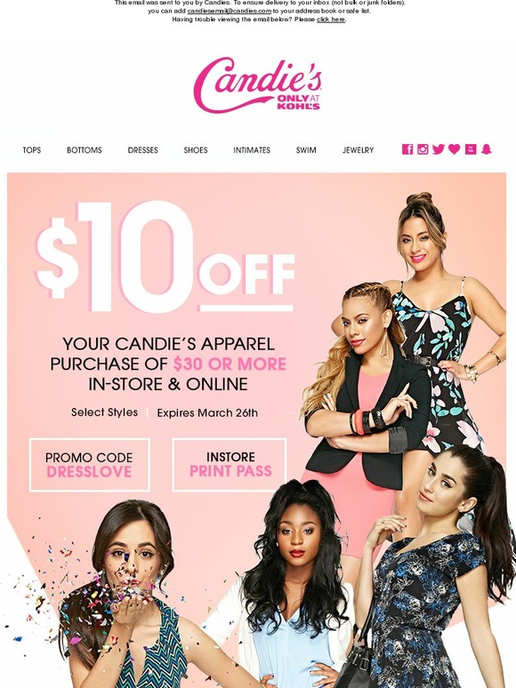 Get $10 off your Candie’s Apparel Purchase of $30 or More!