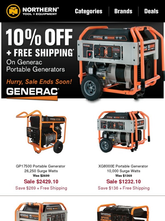 Northern Tool Generac Generators 10 Off + Free Shipping! Milled