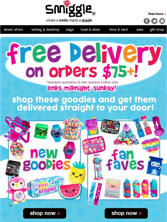 Smiggle get free delivery on new goodies and fan faves when you spend 75+! Milled Smiggle get free delivery on new goodies and fan faves when you spend 75+! Milled