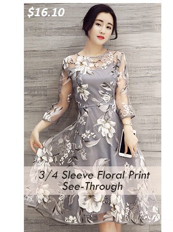 Charming Round Neck 3/4 Sleeve Floral Print See-Through Women's Dress