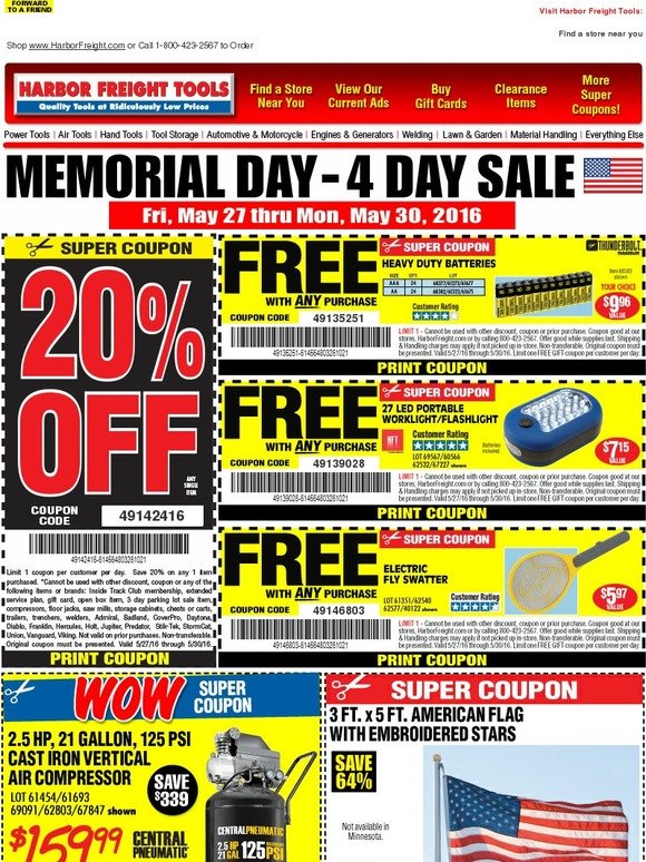 Harbor Freight Tools ATTENTION EMAIL CUSTOMERS Memorial Day 4 Day