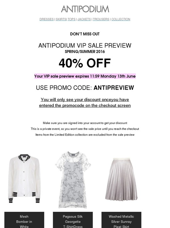 Antipodium Sale Preview - expires midnight Monday