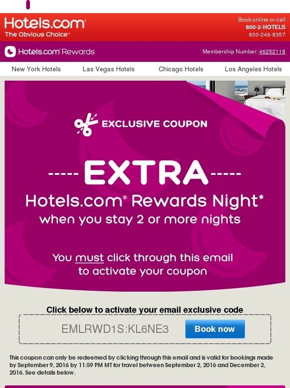 Hotels.com: Extra Hotels.com Rewards Night email exclusive coupon | Milled