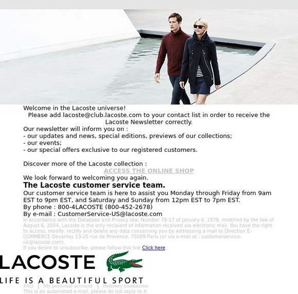 endnu engang Latter lineal Lacoste: Thank you for registering to the Lacoste newsletter | Milled