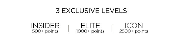 3 EXCLUSIVE LEVELS   INSIDER 500+ points   ELITE 1000+ points   ICON 2500+ points