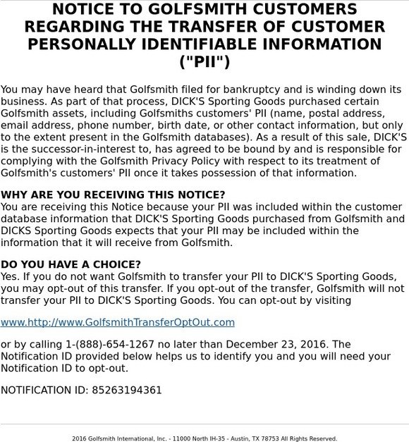 Notice – Transfer of Personally Identifiable Information