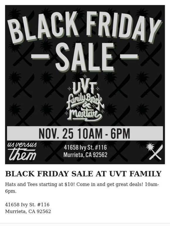 Us Versus Them BLACK FRIDAY SALE AT UVT BRICK AND MORTAR Milled