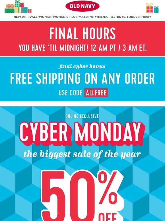 Old Navy BONUS just for you Cyber Monday deals ship FREE Milled