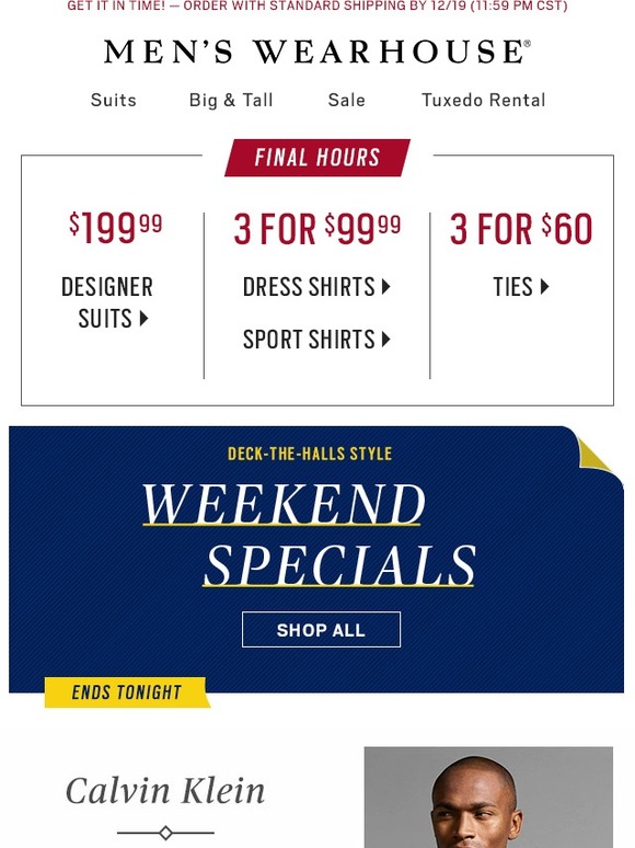 Men's Wearhouse Final Hours 3 for 99.99 Dress+Sport Shirts and