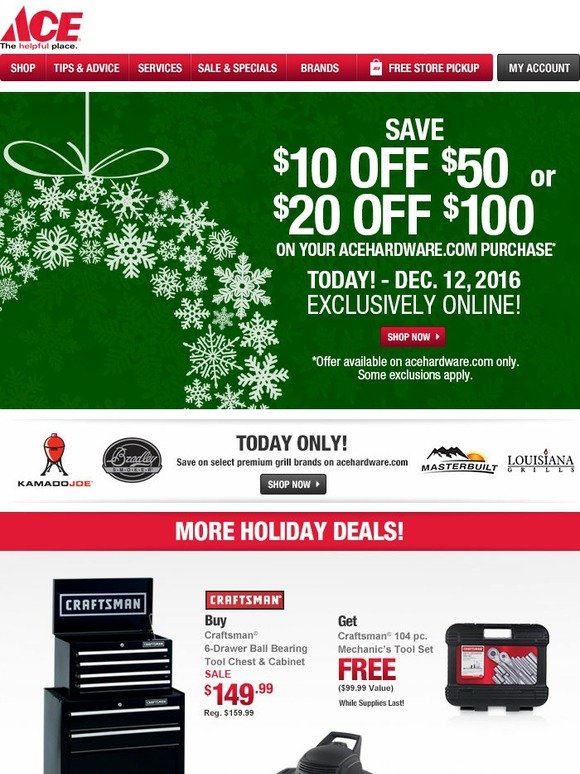 Ace Hardware: A few hours left to save… $10 off $50 or $20 off $100 on ...