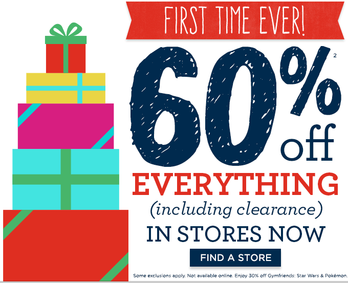 First Time Ever! 60%(2) off Everything (including clearance). In stores now. Find A Store