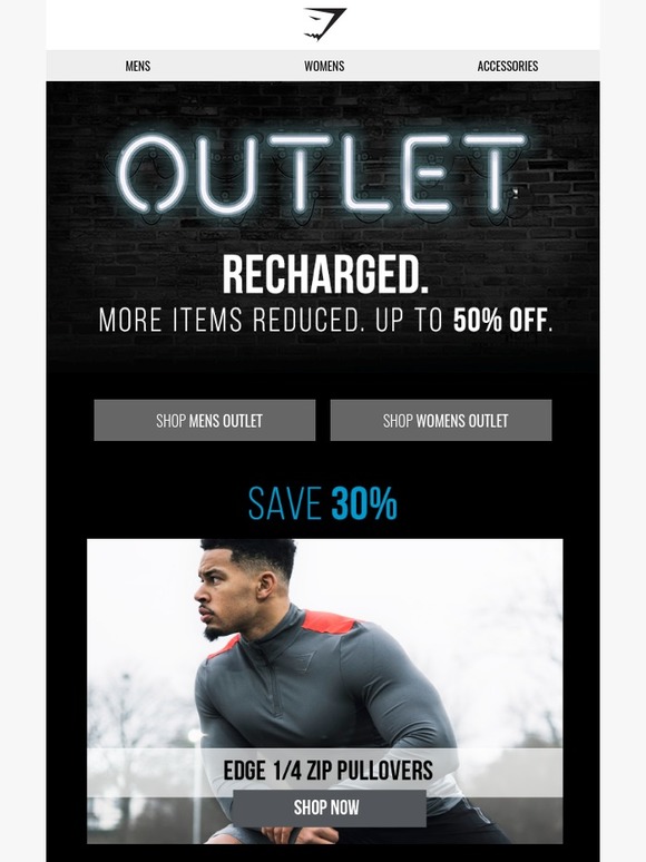 Gymshark Outlet. Recharged. Additional items reduced up to 50 off