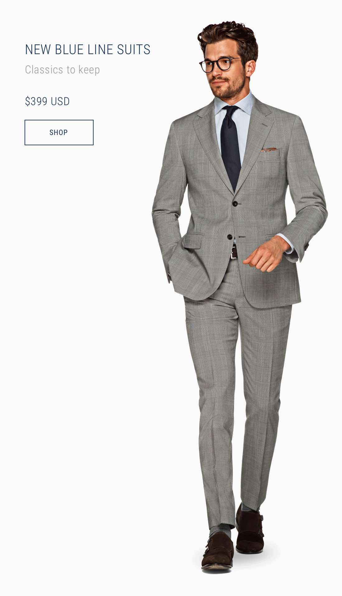 grey suit with blue lines