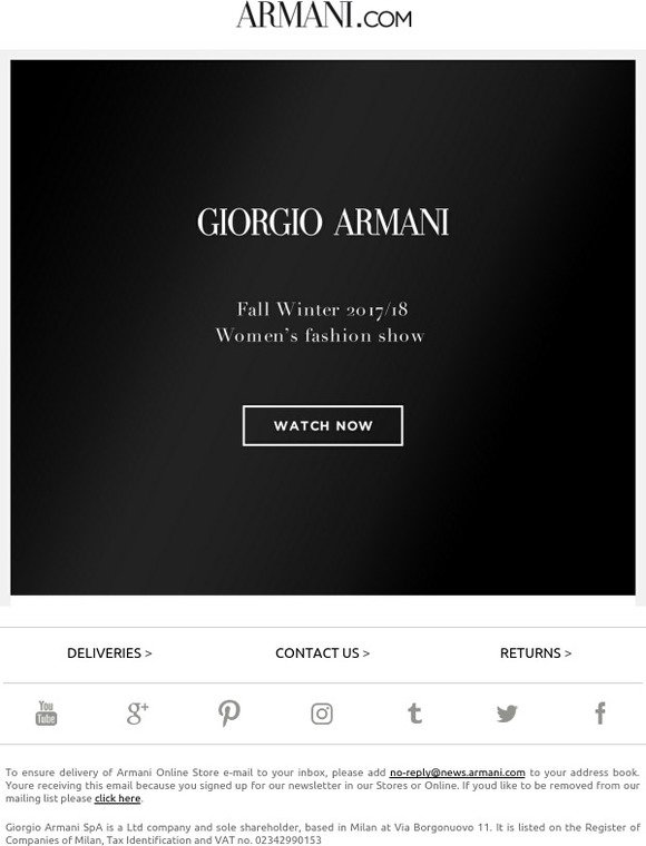 Armani Exchange: Take your seat: Giorgio Armani Women's fashion show NOW  LIVE | Milled