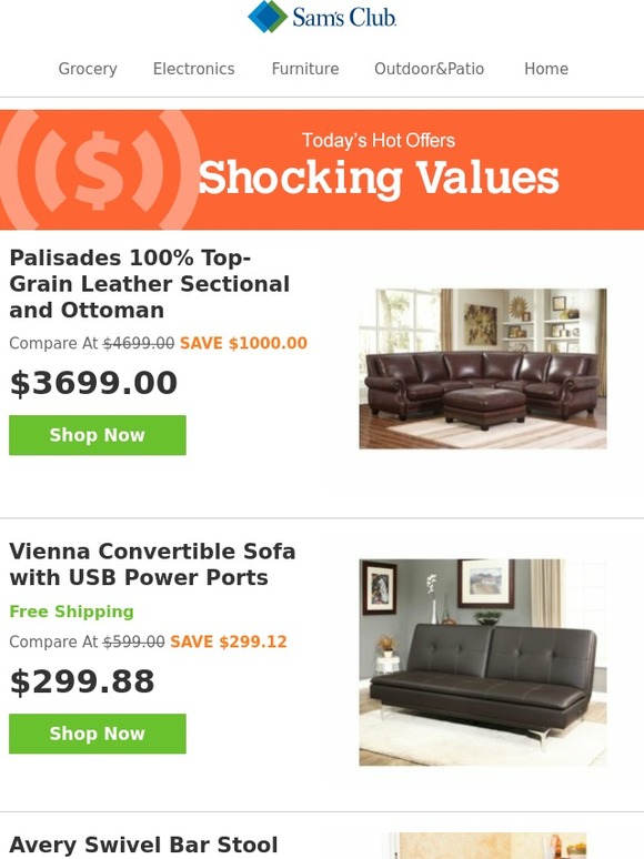 Sam's Club Euro Lounger Leather Sectional and Ottoman Swivel Bar