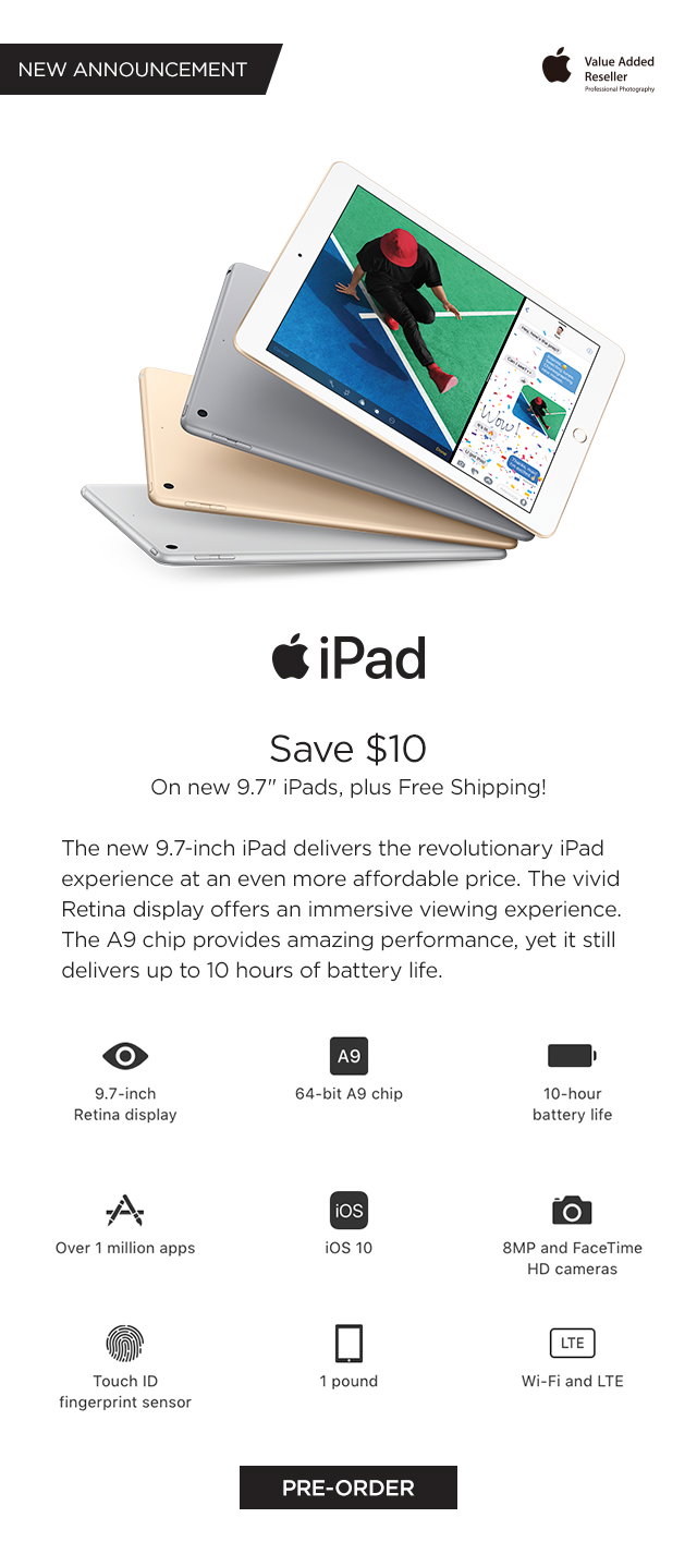 New iPad now available for pre-order with a $10 instant rebate.