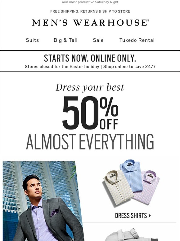 Men's Wearhouse: Get 50% off almost everything. Right. Now. | Milled