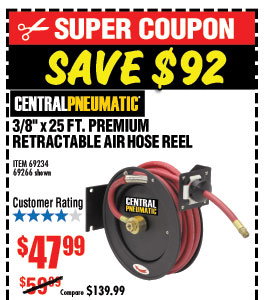 CENTRAL PNEUMATIC Air Hose Reel with 3/8 in. x 30 ft. Hose for $29.99 –  Harbor Freight Coupons