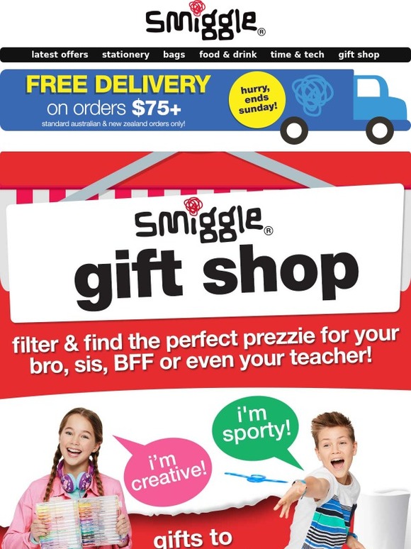 Smiggle the new smiggle gift shop is open with free delivery on orders 75+! Milled Smiggle the new smiggle gift shop is open with free delivery on orders 75+! Milled