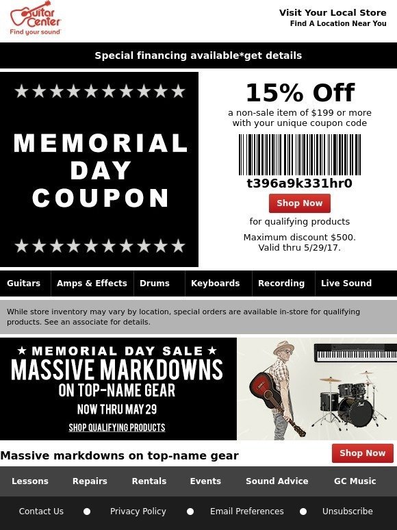 Guitar Center Your Memorial Day coupon has arrived Milled
