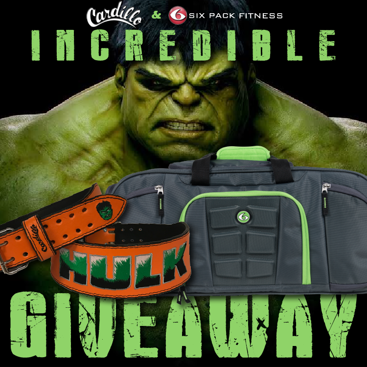 Incredible Giveaway Image (Incredible Hulk with Hulk-Themed Cardillo Weight belt and Grey/Green Gen1 Beast Duffle from Six Pack Bags